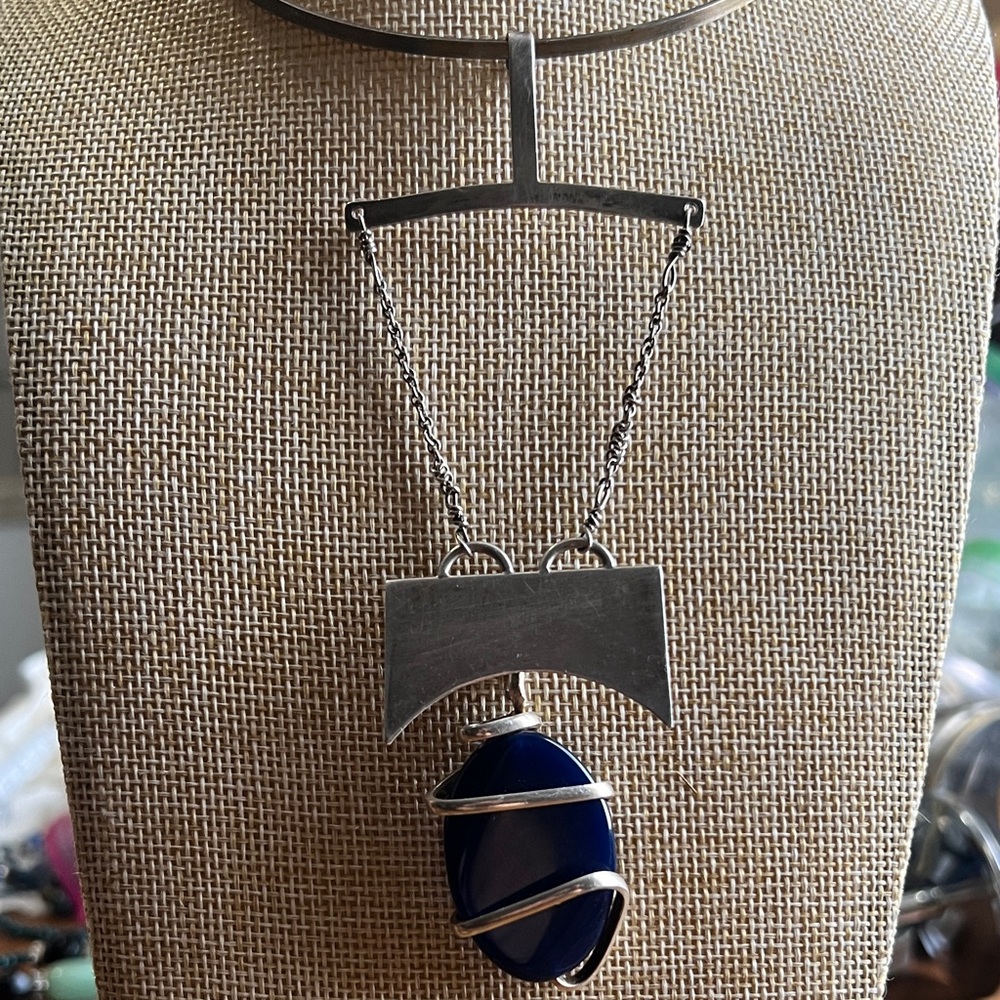 Vintage Silver 925 and other metals with blue stone  Pendant chocker  Necklace